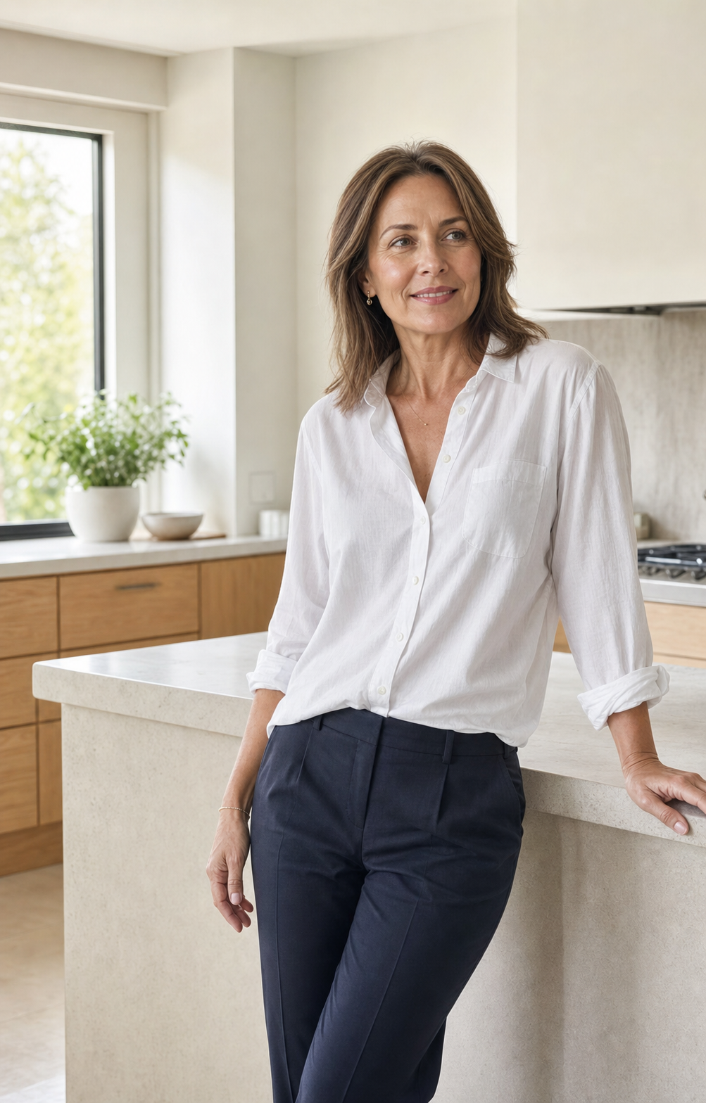 Confident woman around 50 relaxing in a bright modern kitchen
