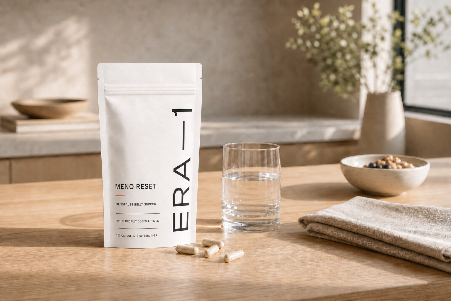 Modern ERA-1 Meno Reset pouch, water and capsules on a sunlit kitchen table