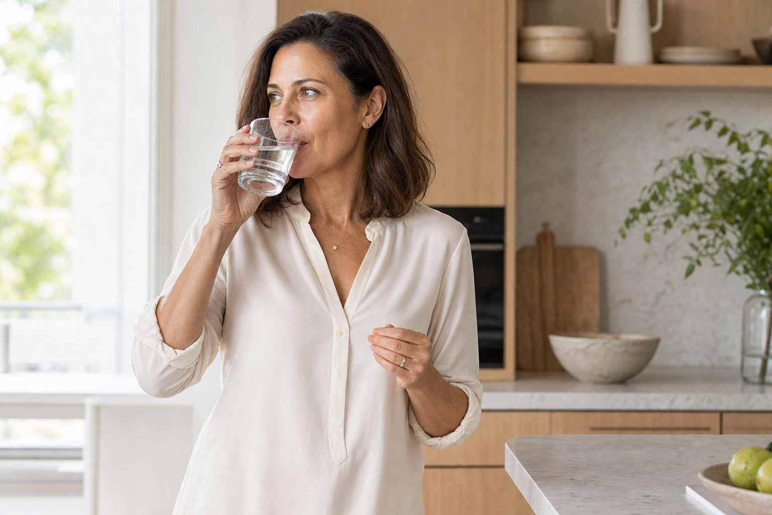 Woman around 50 taking her daily capsules with water in a bright kitchen