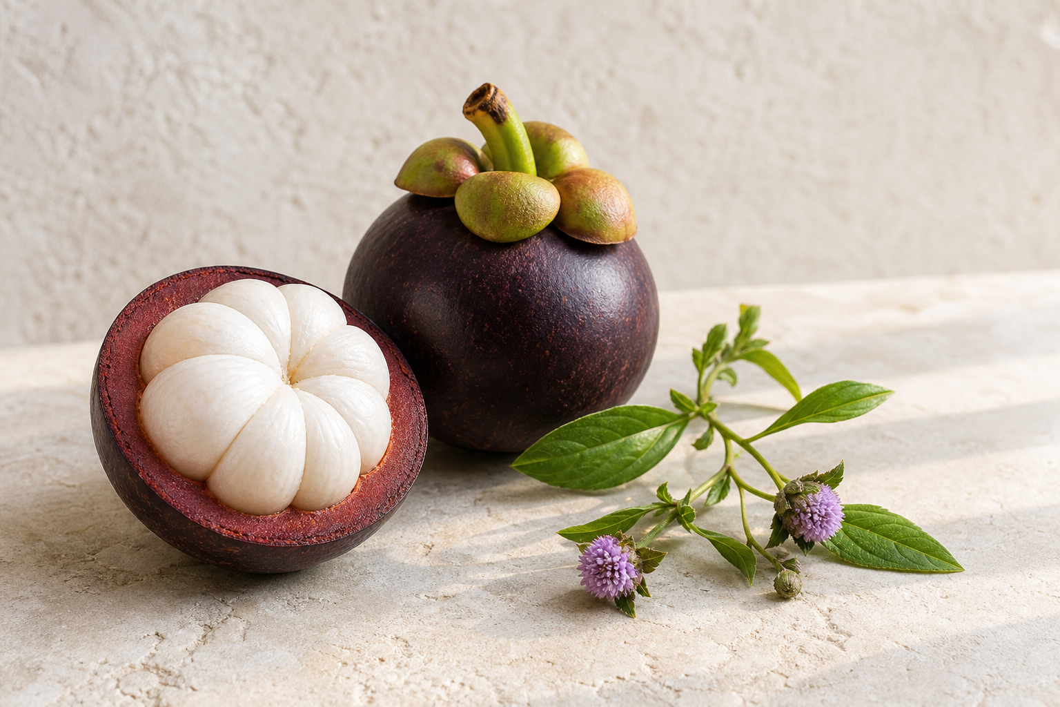 Sphaeranthus indicus flowers with mangosteen fruit and rind
